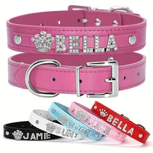 Load image into Gallery viewer, Sparkling Rhinestone Heart and Star Shaped Personalized Dog Collar - PU Leather ID Collars for Small, Medium, and Large Dogs
